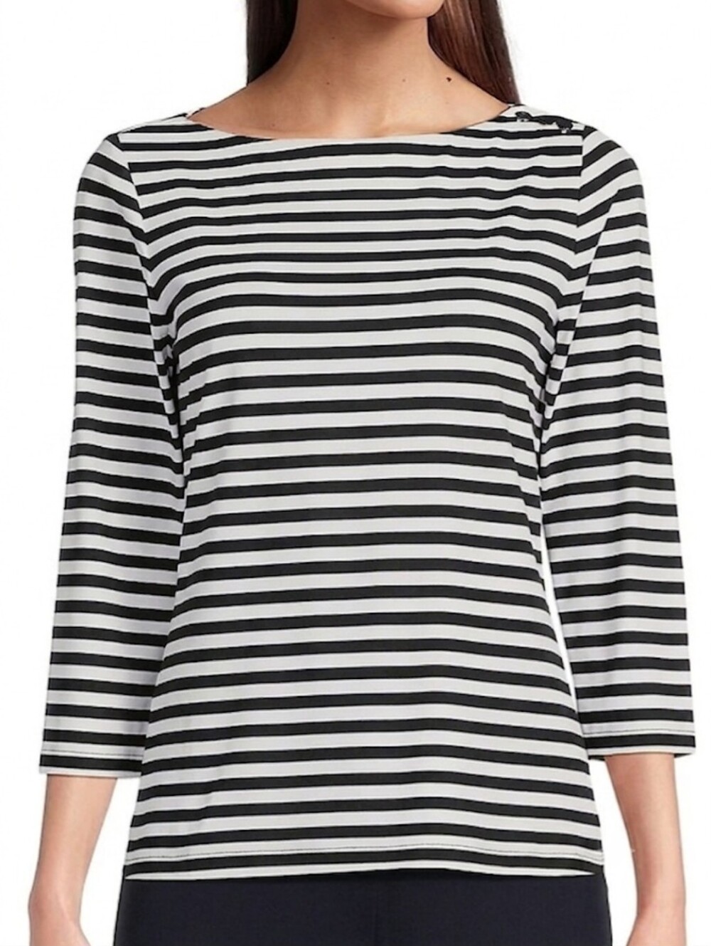 J McLauglin Wavesong Black Striped Print 3/4 Sleeve Button Shoulder Top Size Med